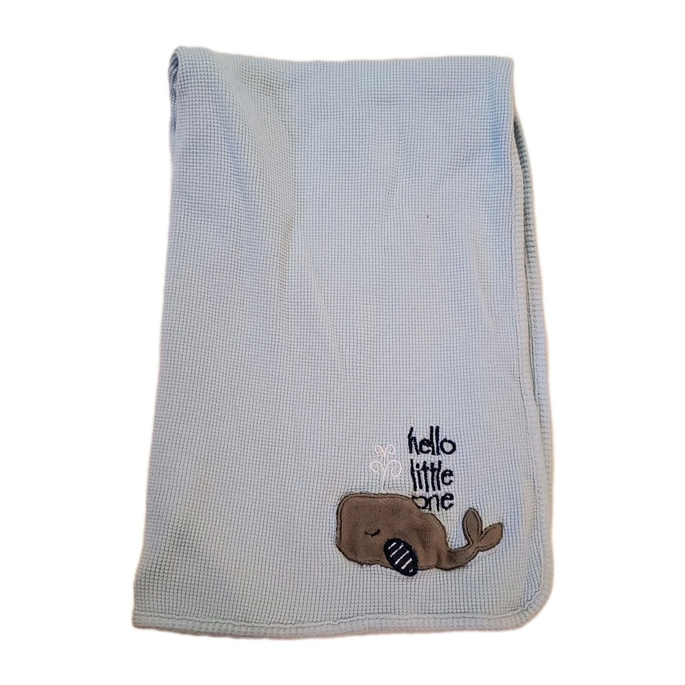 Just Born Baby Blanket Whale Thermal Waffle Weave Hello‎ Little One Blue